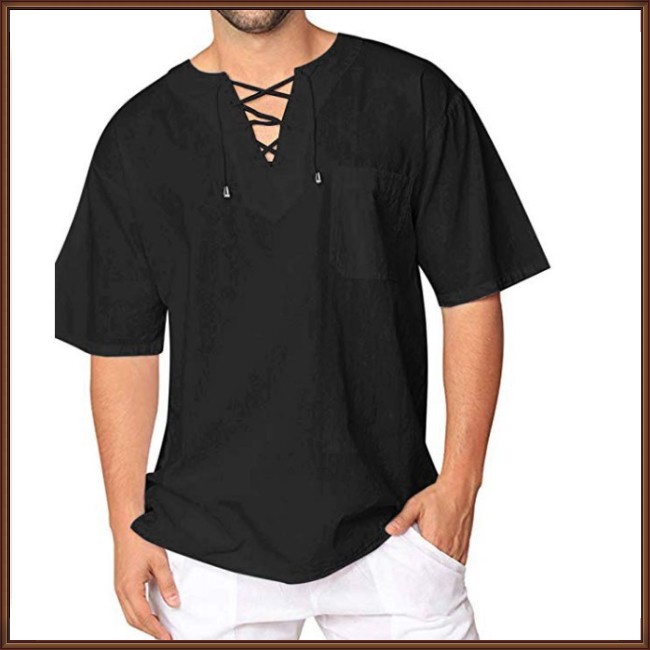 Áo Thun Tay Ngắn Vải Cotton Lanh Màu Trơn Cột Dây Thời Trang Cho Nam