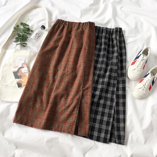 CV45 CHÂN VÁY DÁNG DÀI KẺ CARO XẺ MỘT BÊN EO CHUN