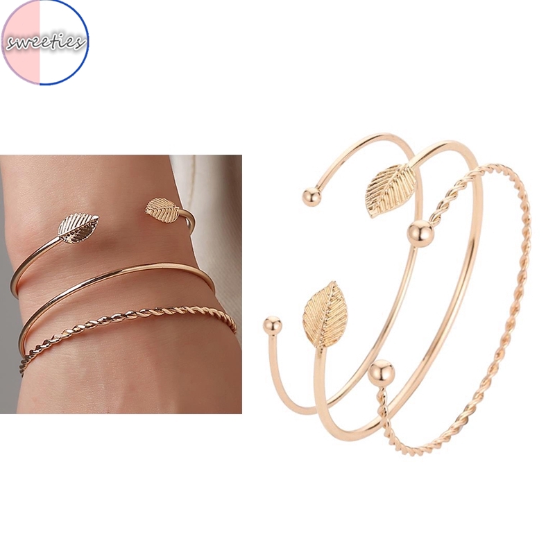 3pcs/set fashion woman Bohemian Vintage Leaf Opening Bracelet Adjustable gold Bangle Set