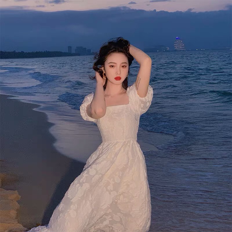 Jane Đầm trắng cổ tích hoa voan dịu dàng trễ vai tay phồng ( kèm ảnh feelback )