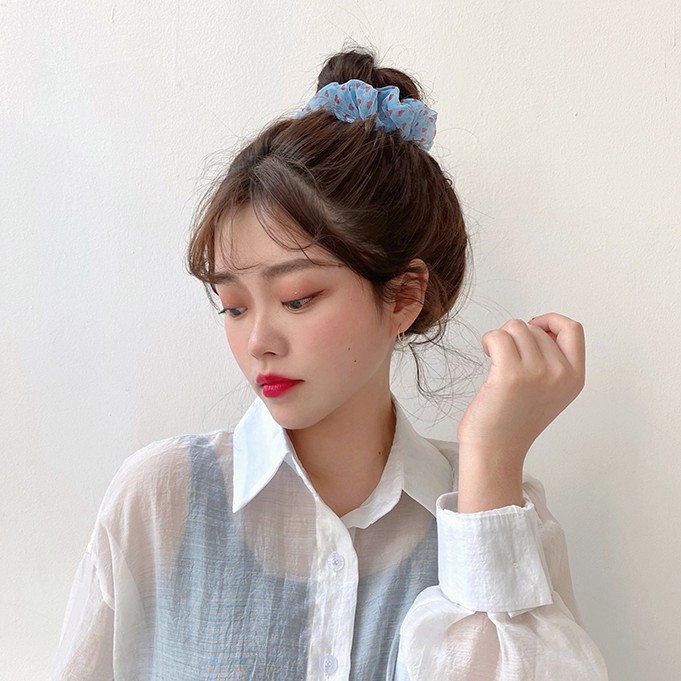 Scrunchies Cột Tóc Voan Kính Trái Tim Nhí Hot Trend