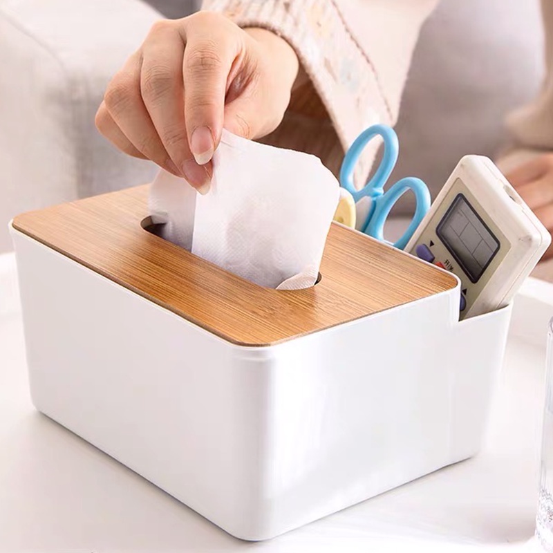 Hộp đựng giấy ăn nắp gỗ 2 tầng có ngăn để đồ tiện lợi