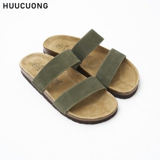 Dép Sandal unisex 2 Quai Da Thật Màu Rêu Đế Trấu Handmade