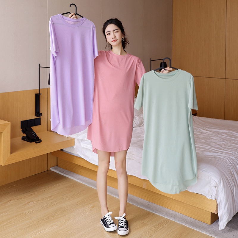 Đầm Ngủ Tay Ngắn Cổ Tròn Màu Trơn Bằng Vải Lụa Băng Dành Cho Nữ