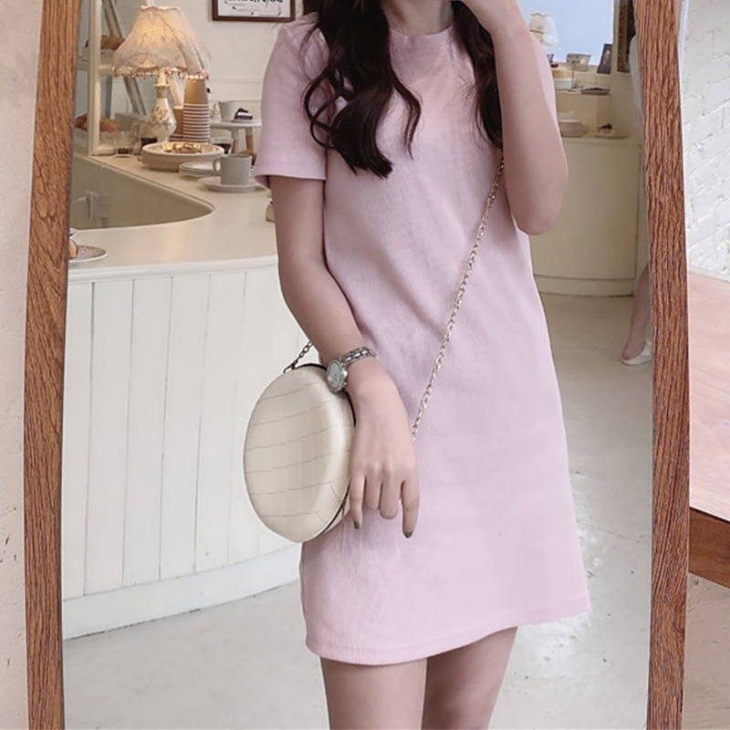Đầm Mini Cổ Tròn Tay Ngắn Màu Sắc Đơn Giản Thời Trang Mùa Hè Cho Nữ