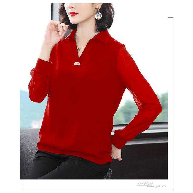 Áo kiểu tay dài cổ chữ V dáng rộng thời trang mùa thu cho phụ nữ trung niên