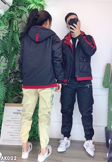 Áo Khoác Kaki Bomber Jackets 2 Lớp Form Rộng Unisex Couple TRƠN PHỐI MÀU ĐEN - AK1002