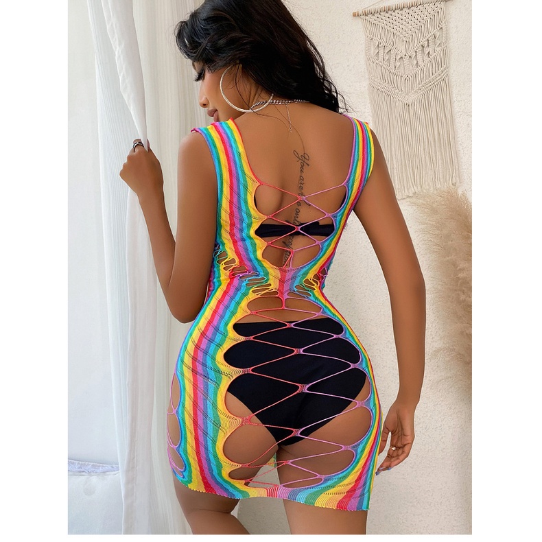 Bộ Đồ Bơi Một Mảnh Dạng Lưới Kẻ Sọc Nhiều Màu Co Giãn Cao Xuyên Thấu Gợi Cảm