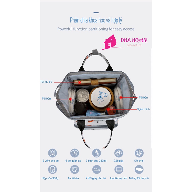 BALO ĐỰNG BỈM SỮA CHO MẸ VÀ BÉ THỜI TRANG 10 NGĂN CHỨA CHỐNG THẤM NƯỚC - DHA HOMIE