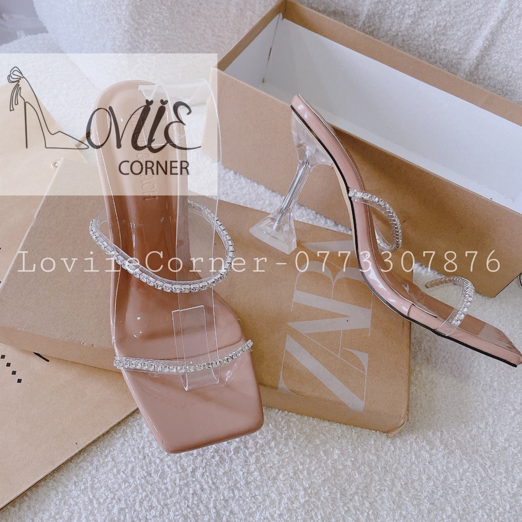 GUỐC NỮ LOVIIE BASICS - DÉP CAO GÓT MŨI VUÔNG 9 PHÂN - DÉP THỜI TRANG DÂY NGANG ĐÍNH ĐÁ D220946