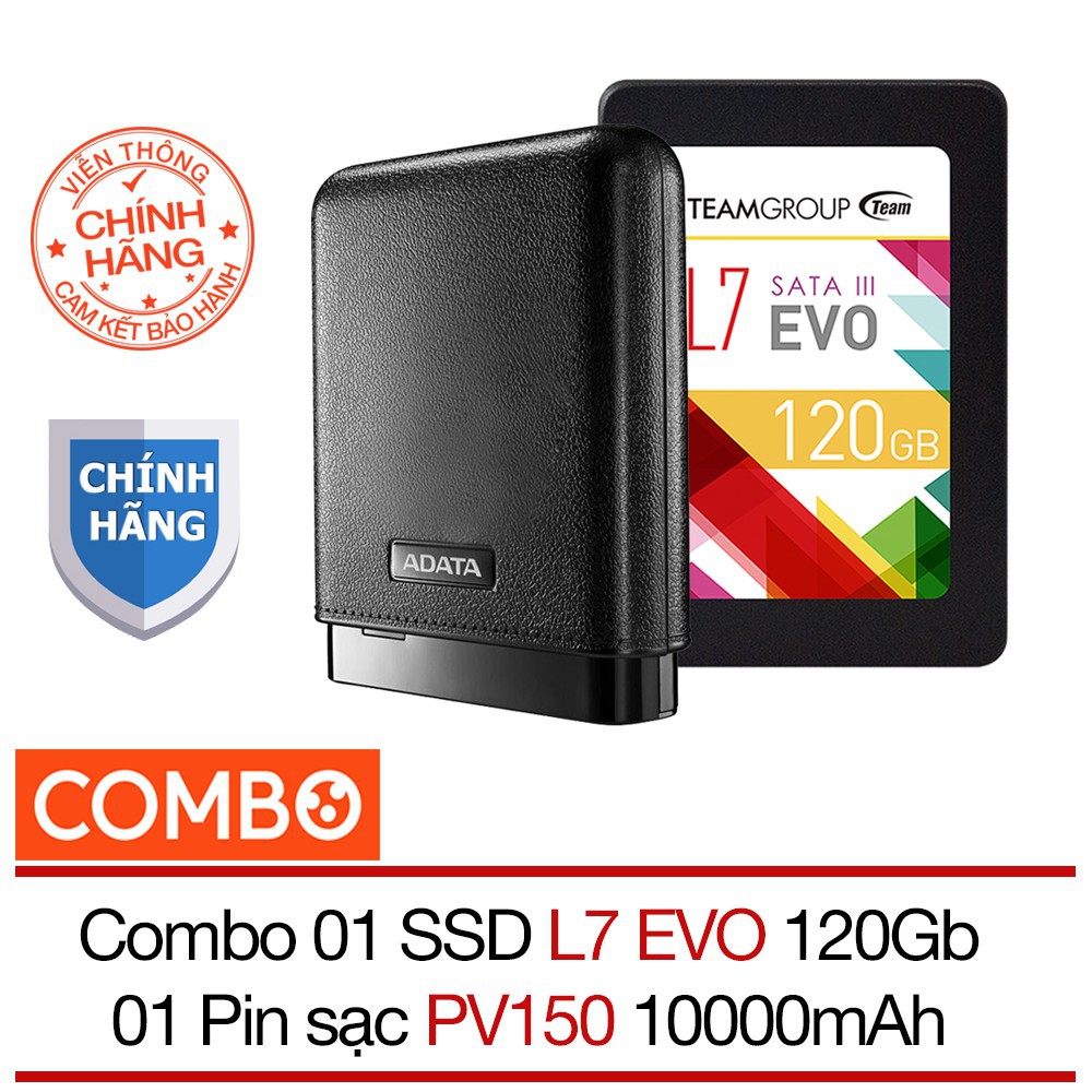 Combo Ổ cứng SSD 120GB Team L7 EVO Sata III + Pin sạc dự phòng 10000mAh PV150 Adata - Hãng phân phối chính thức