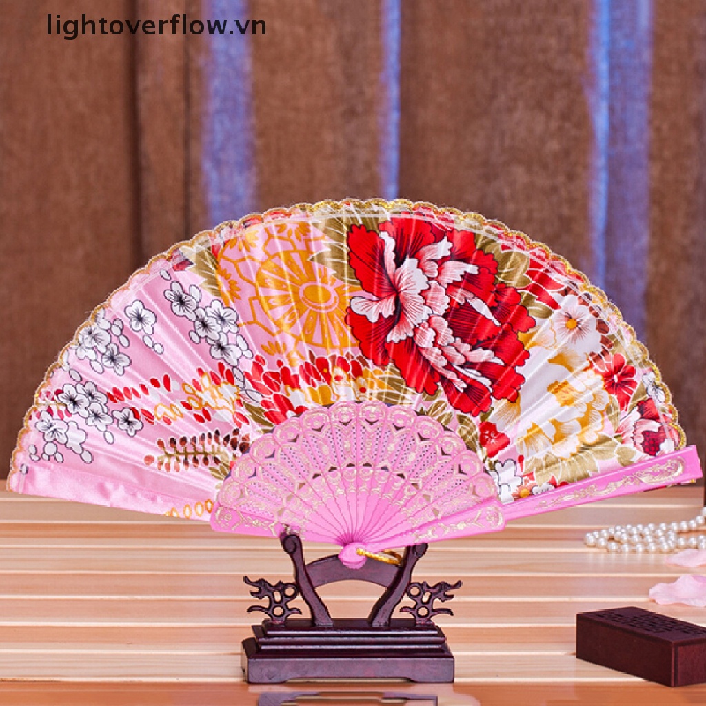 [lightoverflow] Quạt Xếp Cầm Tay Bằng Lụa Phối Ren Hoa Cầm Tay Cho Tiệc Cưới [VN
