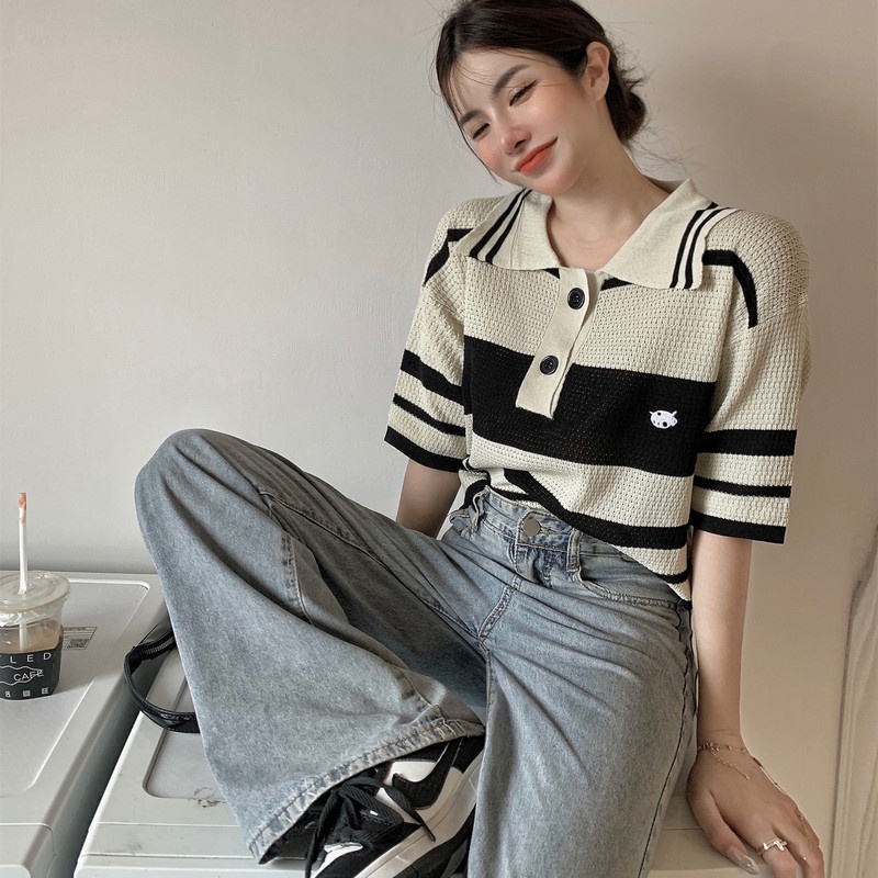 Áo Thun Polo Dệt Kim Tay Ngắn Dáng Rộng Kẻ Sọc Ngang Trẻ Trung Hợp Thời Trang