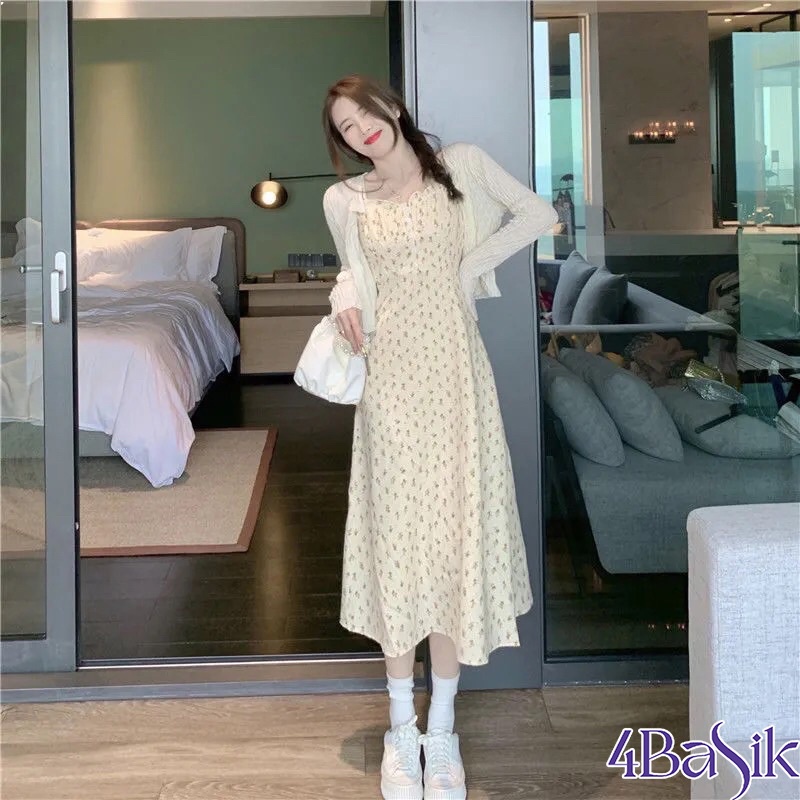 Váy Hai Dây Hoa Nhí/ Áo Khoác Cardigan Mỏng Phong Cách Hàn Quốc VH03