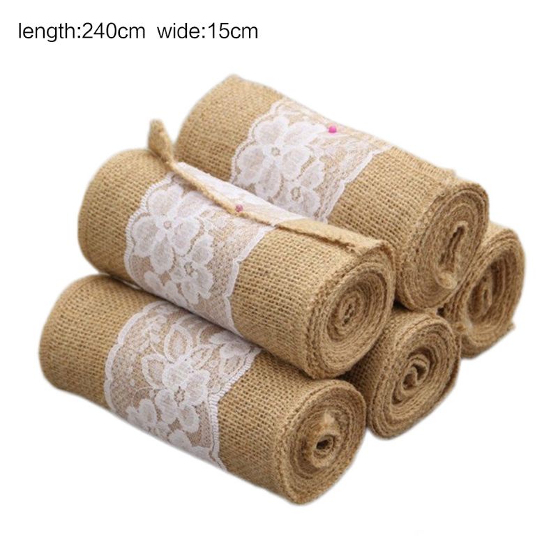 ✿ Cuộn Ruy Băng Vải Bố Tự Nhiên Phối Ren Trắng Trang Trí Ghế Đám Cưới