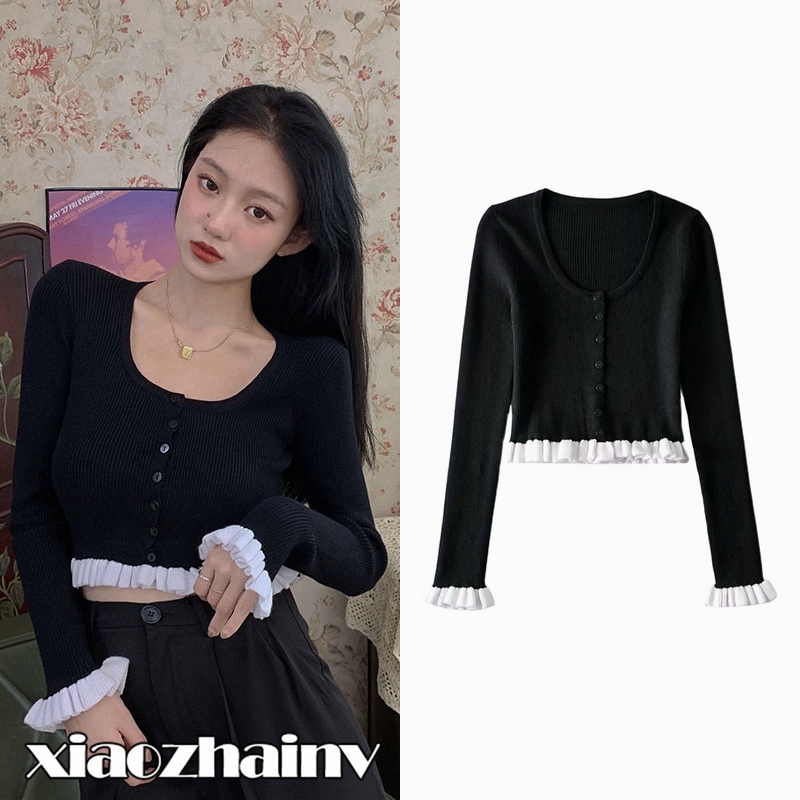 Áo Sweater Nữ Xiaozhainv Tay Dài Màu Đen Gợi Cảm Phong Cách Hàn Quốc