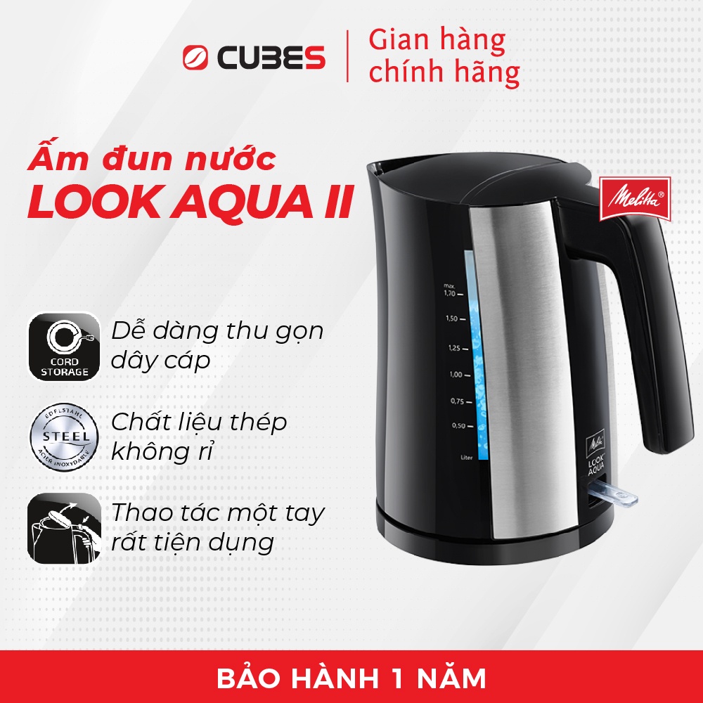 Ấm đun nước Melitta Look Aqua II Đen - Nhập khẩu từ Đức