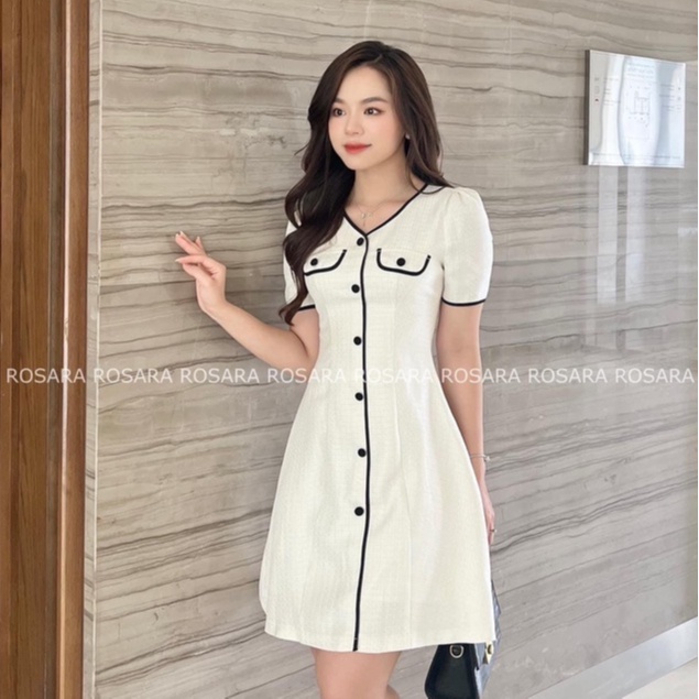 Váy Đầm Dáng Ngắn Công Sở Kiểu Trắng Phối Viền Đen Thanh Lịch V34