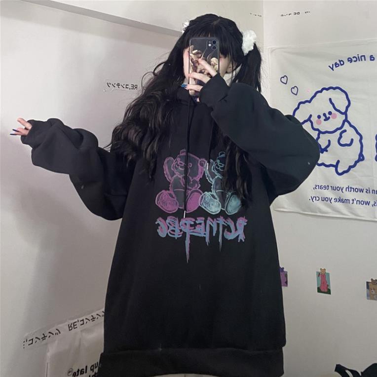 Áo hoodie nữ unisex form rộng hình gấu dễ thương, hoodie nữ unisex form rộng có mũ thời trang cá tính UNA09