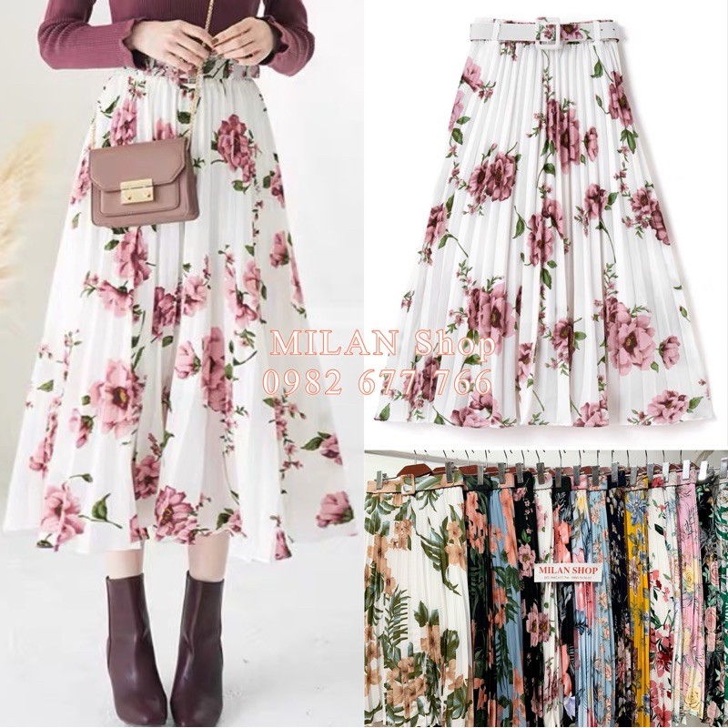 Chân váy hoa xếp ly kèm đai có lót nhiều màu