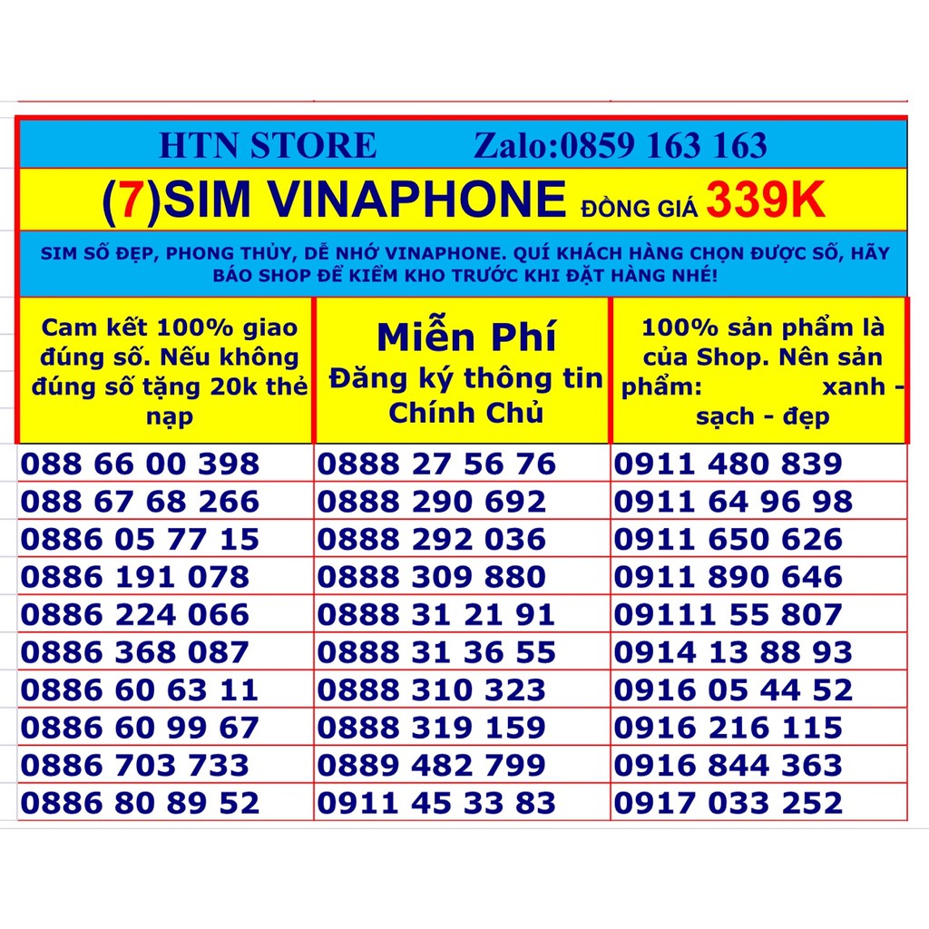 Sim vinaphone số đẹp vina trả trước giá rẻ đồng giá 339k