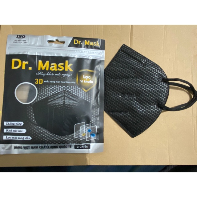 (Túi 3 chiếc) Khẩu trang 3D Dr.Mask 4 lớp than hoạt tính