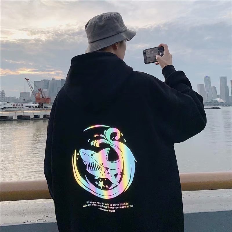 4 Colors【M-XXL】Sweatshirt Color Reflection Printing Shark Long Sleeve Hoodie Sweater Coat Casual Outerwear Loose | BigBuy360 - bigbuy360.vn