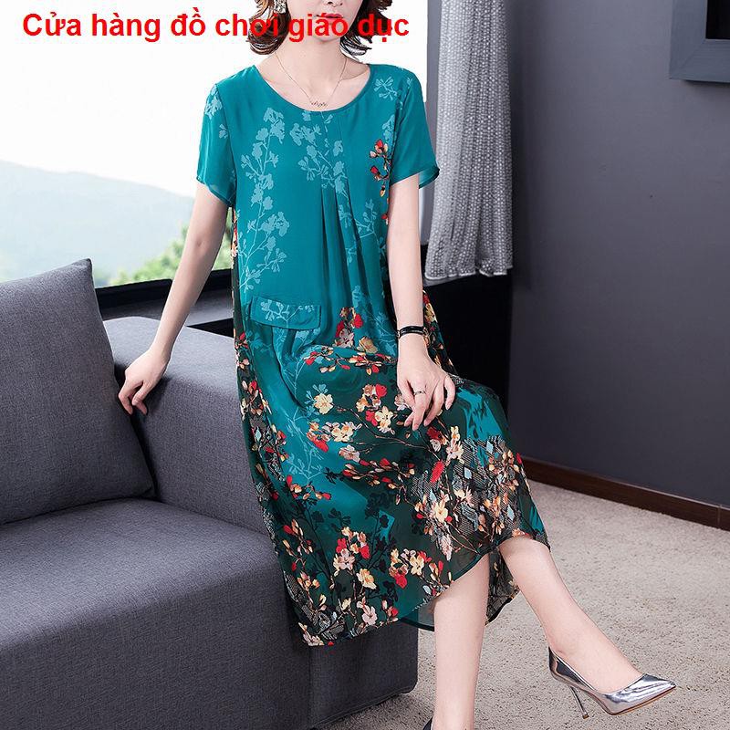 XINH XINH thời trang nữ  fei> fat Mẹ mùa hè đầm ngắn tay nữ thời trang voan kích thước lớn trên váy đầu gối RẺ QUÁ