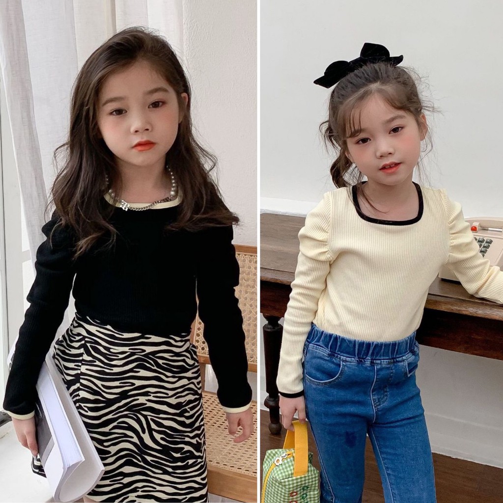 Áo thun tăm bé gái vai bồng sz 90-140, áo bé gái dài tay phong cách hàn quốc
