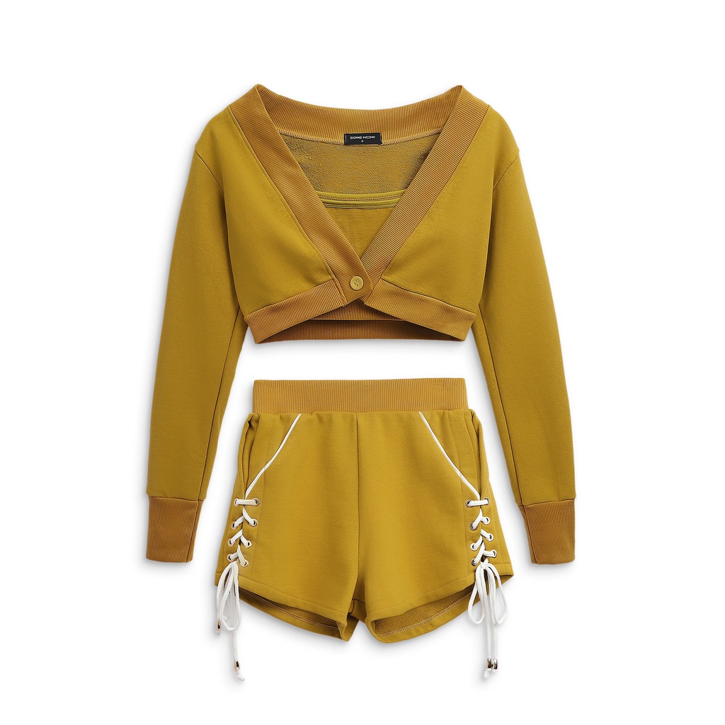 Set Bộ 3 Món Áo Croptop Nữ Tay Dài Phối Short 4 Màu Đen,Trắng, Xám, Vàng, SOMEHOW,WO000013. | BigBuy360 - bigbuy360.vn