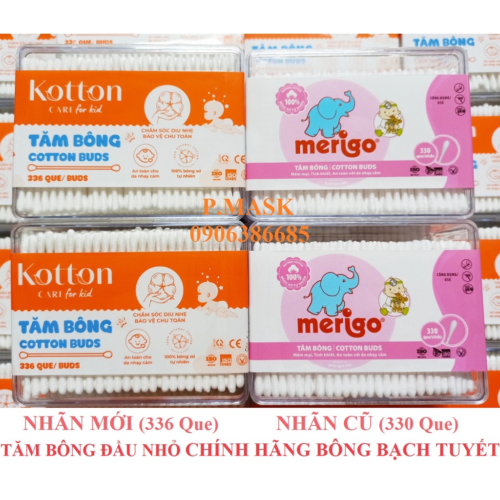 Tăm Bông Kotton Care For Kid đầu nhỏ HỘP CHỮ NHẬT 336 Que Bông Bạch Tuyết ( Nhãn mới của 330 que Merigo )