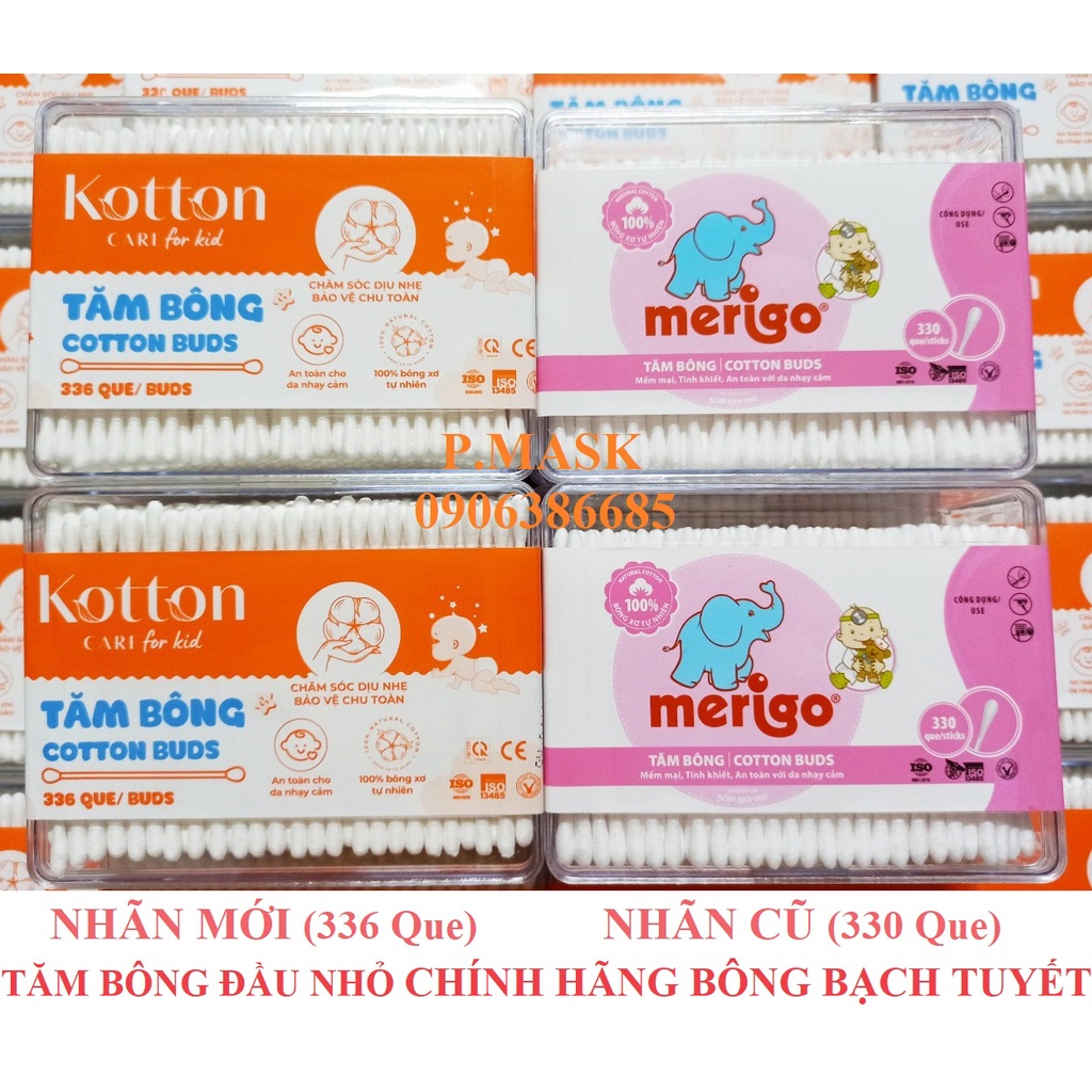 Tăm Bông Kotton Care For Kid đầu tăm nhỏ cho bé HỘP CHỮ NHẬT 336 Que Bông Bạch Tuyết ( Nhãn mới của 330 que Merigo )