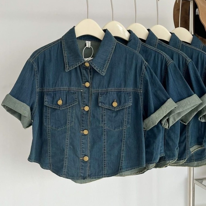 Áo Sơ Mi Denim Tay Ngắn Dáng Rộng Phong Cách Chic Hồng Kông Thời Trang Hè 2022 Cá Tính Cho Nữ
