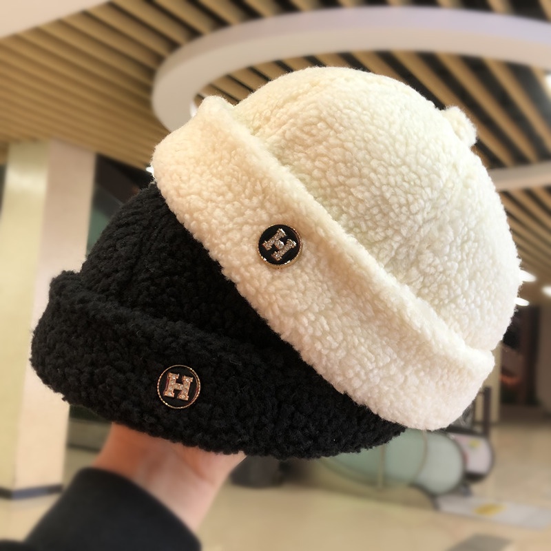 Mũ beret vải cashmere giả lông cừu phong cách retro thời trang mùa đông cho nam và nữ