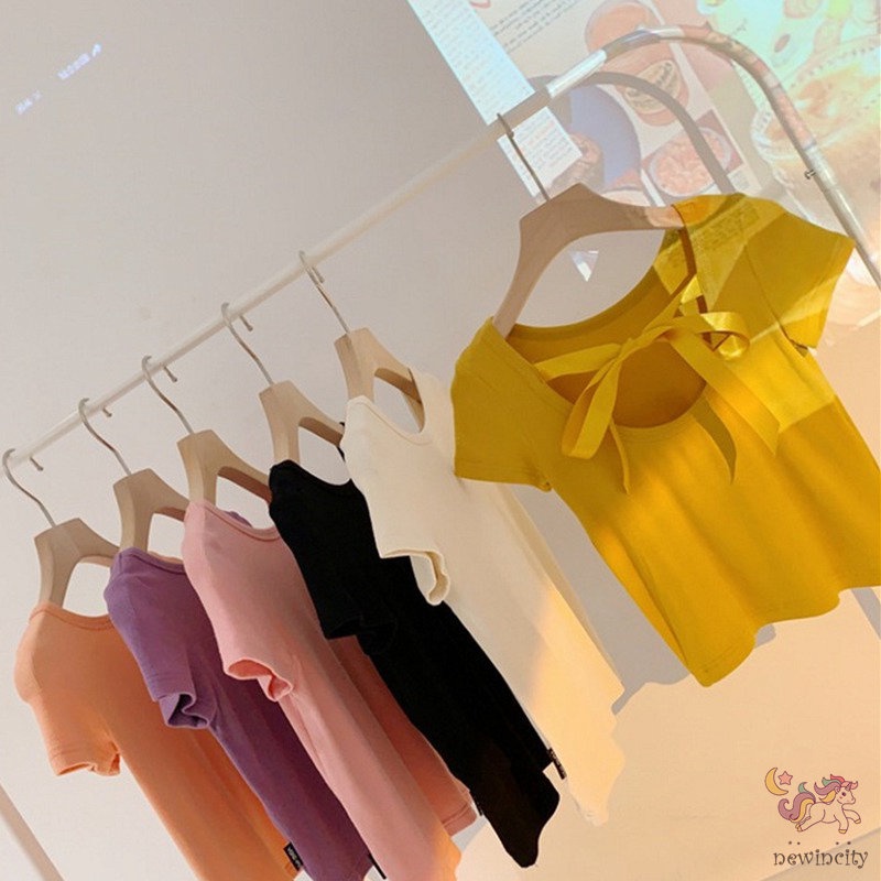 Áo Thun Cotton Tay Ngắn Hở Lưng Thắt Nơ Dễ Thương Phong Cách Hàn Quốc Thời Trang Mùa Hè Cho Bé Gái