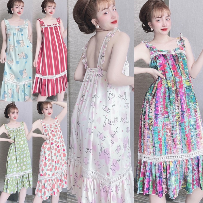 Đầm ngủ mặc nhà LỤA LATIN đuôi cá cánh tiên phom rộng dài qua gối bầu bí mặc được sexy và tinh tế cho bạn nữ