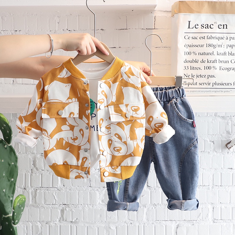 Set Áo Khoác Jeans Dài Tay + Áo Khoác + Quần Jeans Phong Cách Hàn Quốc Cho Bé Trai