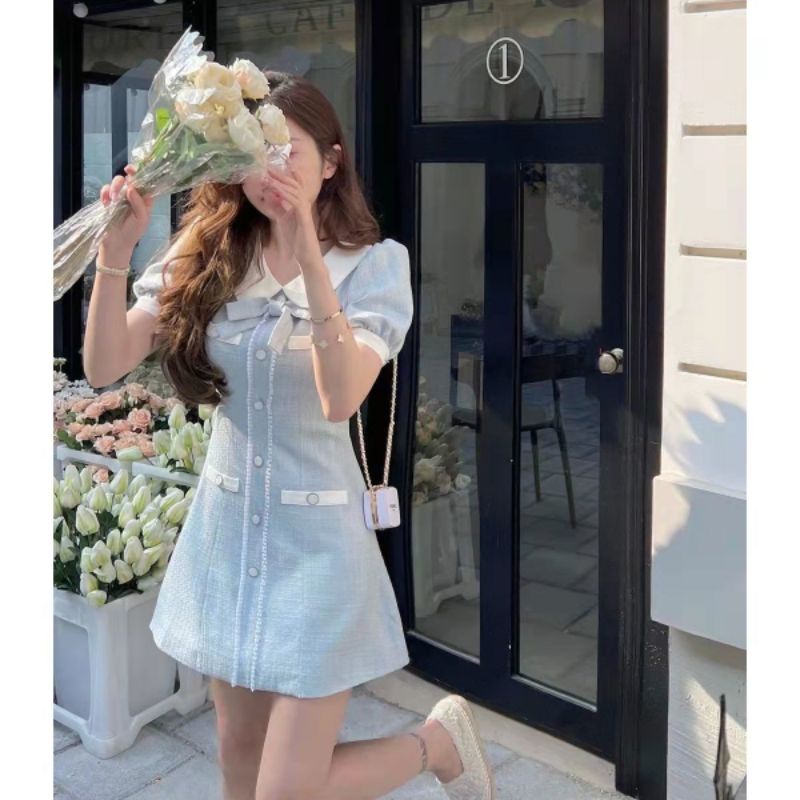 ẢNH THẬT Váy Dạ Tweed Sơ Mi Xanh Ngắn Tay