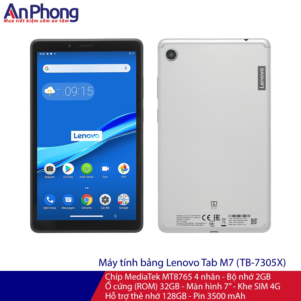 Máy tính bảng Lenovo Tab M7, Chíp MediaTek MT8765 4 nhân, Bộ nhớ 2G, Ổ cứng 32GB, Màn hình 7”, Khe SIM 4G