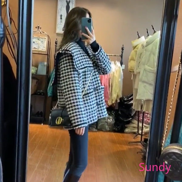 Áo khoác dáng rộng cổ thủy thủ in sọc caro phong cách mùa đông thời trang Hàn Quốc cho nữ