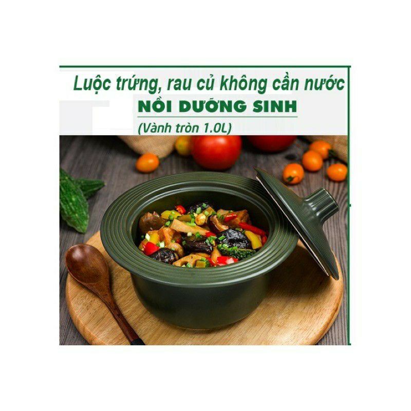 🥘 NỒI DƯỠNG SINH VÀNH TRÒN 1.0L + NẮP NÚM LIỀN (BẾP TỪ) - HEALTHYCOOK - XANH RÊU