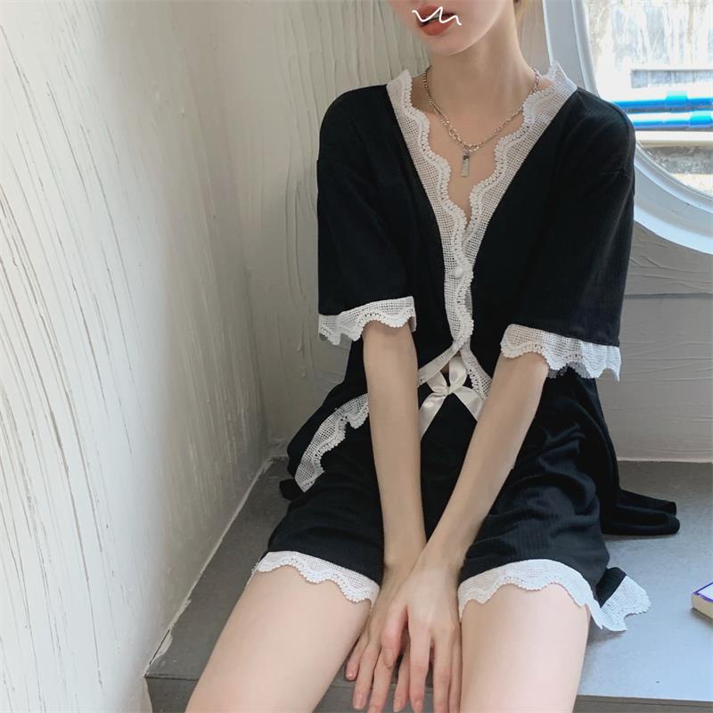 Bộ đồ ngủ tay ngắn cổ chữ v phối ren màu sắc thời trang phong cách Nhật Bản