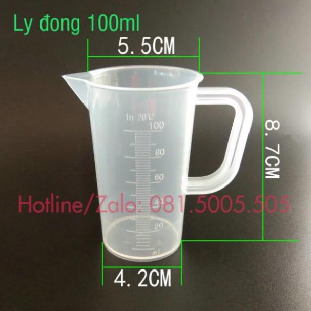 Ly đong 50ml, ly 100ml đáy bằng có quai bằng nhựa có vạch chia định lượng Pb355
