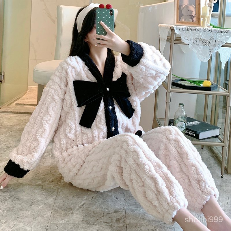 🏡 Bộ Đồ Ngủ Tay Dài Chất Nỉ Dày Dặn Đính Nơ In Hình Khủng Long Dễ Thương Thời Trang Thu Đông Cho Nữ