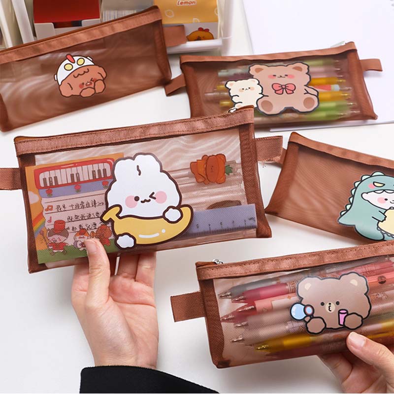 Túi Đựng Bút Vải Dệt In Hinh Gấu Nâu Dễ Thương