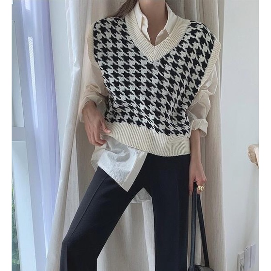 DUNEA Áo Len Không Tay Cổ Chữ V Họa Tiết Houndstooth Quyến Rũ Thời Trang Dành Cho Nữ