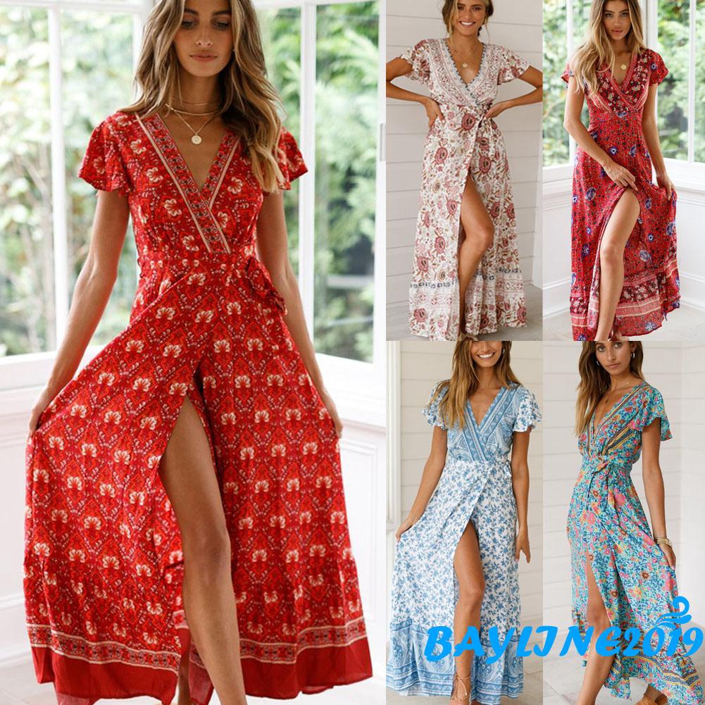 ❀ℳay-UK Womens V-Neck Floral Split Dress Boho Summer Beach Casual Long Sundress HUA