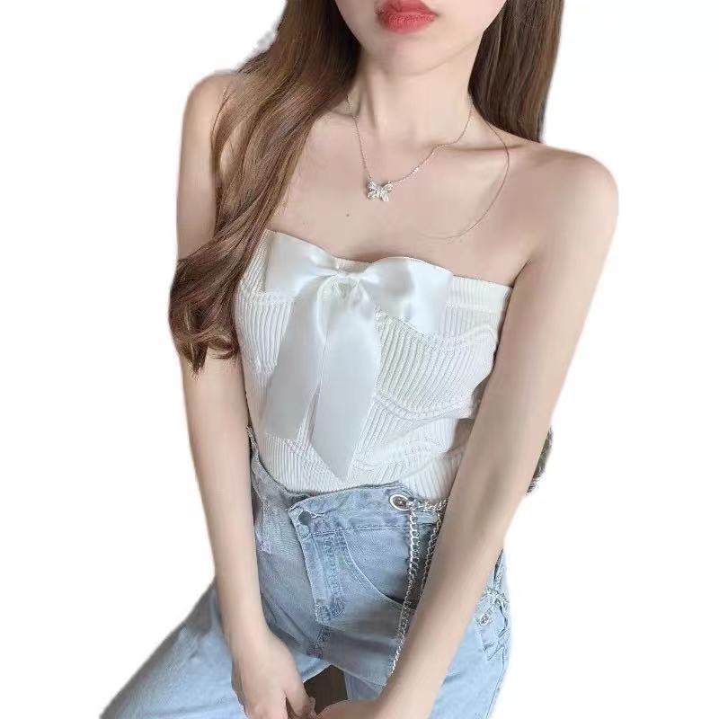 Áo không tay SUXI dệt kim phối nơ thời trang cho nữ