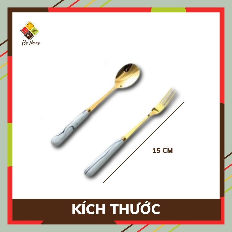 Thìa dĩa inox mạ vàng vân đá cầm tay BEHOME Muỗng thìa nĩa inox 304 mạ vàng cán dài nhiều màu sang chảnh cao cấp