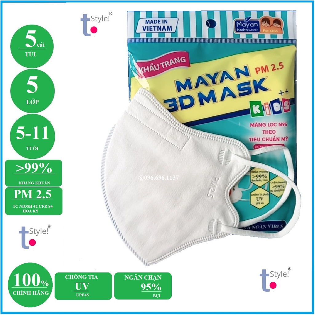 [Sử Dụng Nhiều Lần] Khẩu trang 3D Mayan PM2.5 - túi 5 cái màu trắng- 5 lớp kháng khuẩn 99% theo tiêu chuẩn Hoa Kỳ